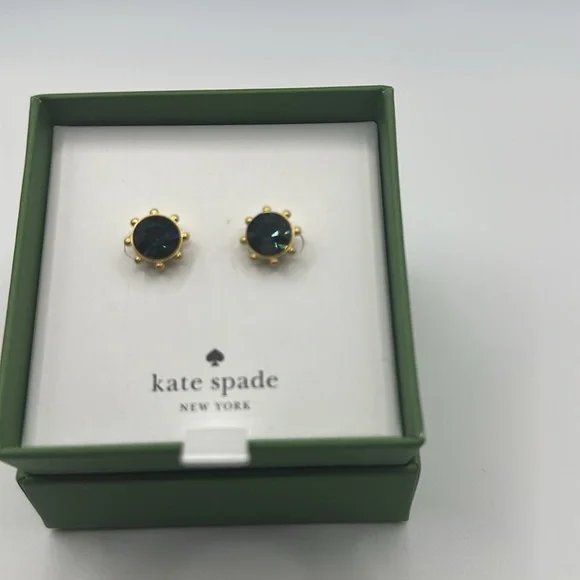 NIB Kate Spade Turquois Blue Stud Earrings Crystal Flying Colors Bezel Gold Tone - Picture 4 of 6